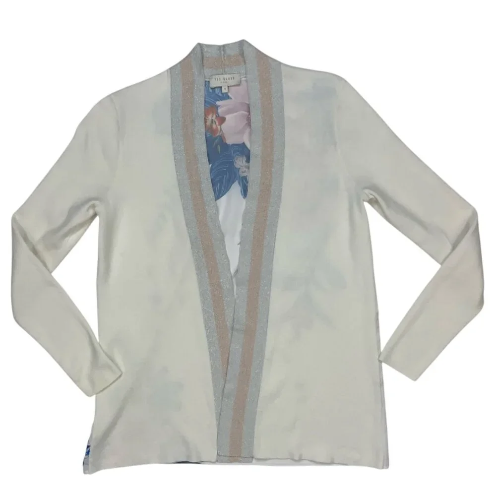 Ted Baker Cream Floral-Back Cardigan with Pastel Stripe Trim, Size 1
